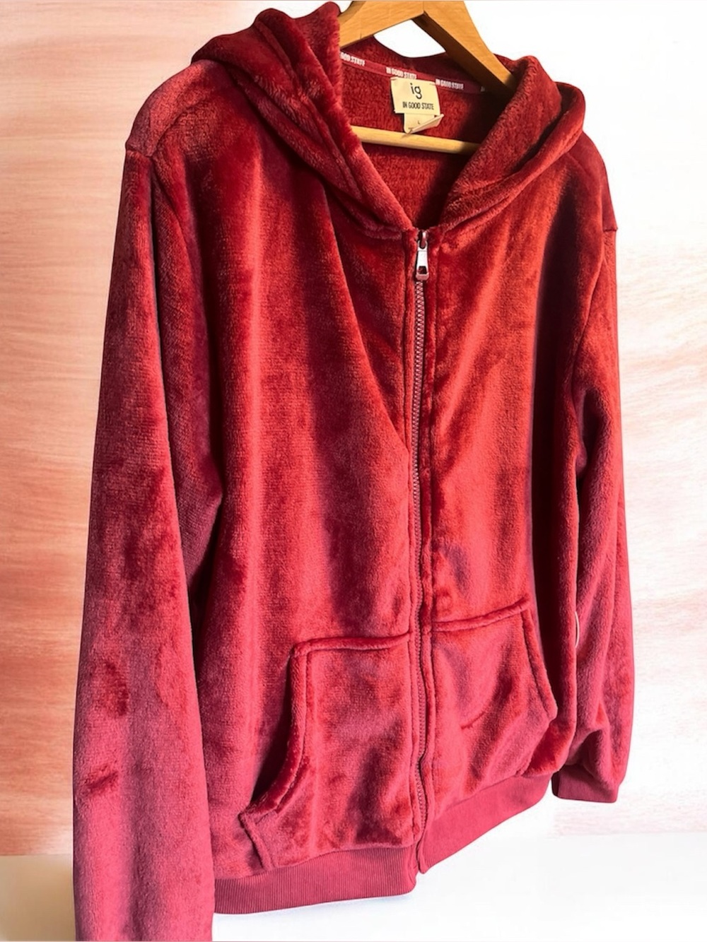 Red Burgundy Plush Full Zip-Up Teddi Hoodie Jacket Cozy Comfy Women’s Sz L
